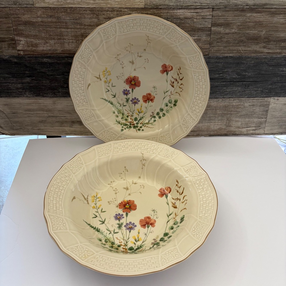 Mikasa Fine Ivory Margaux D1006 Rimmed 2 serving Bowls 10" Wildflowers Japan